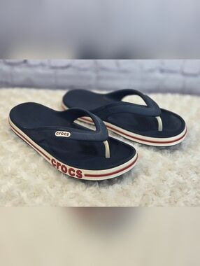 Crocs Navy Flip Flop Sandals with Red & White Trim